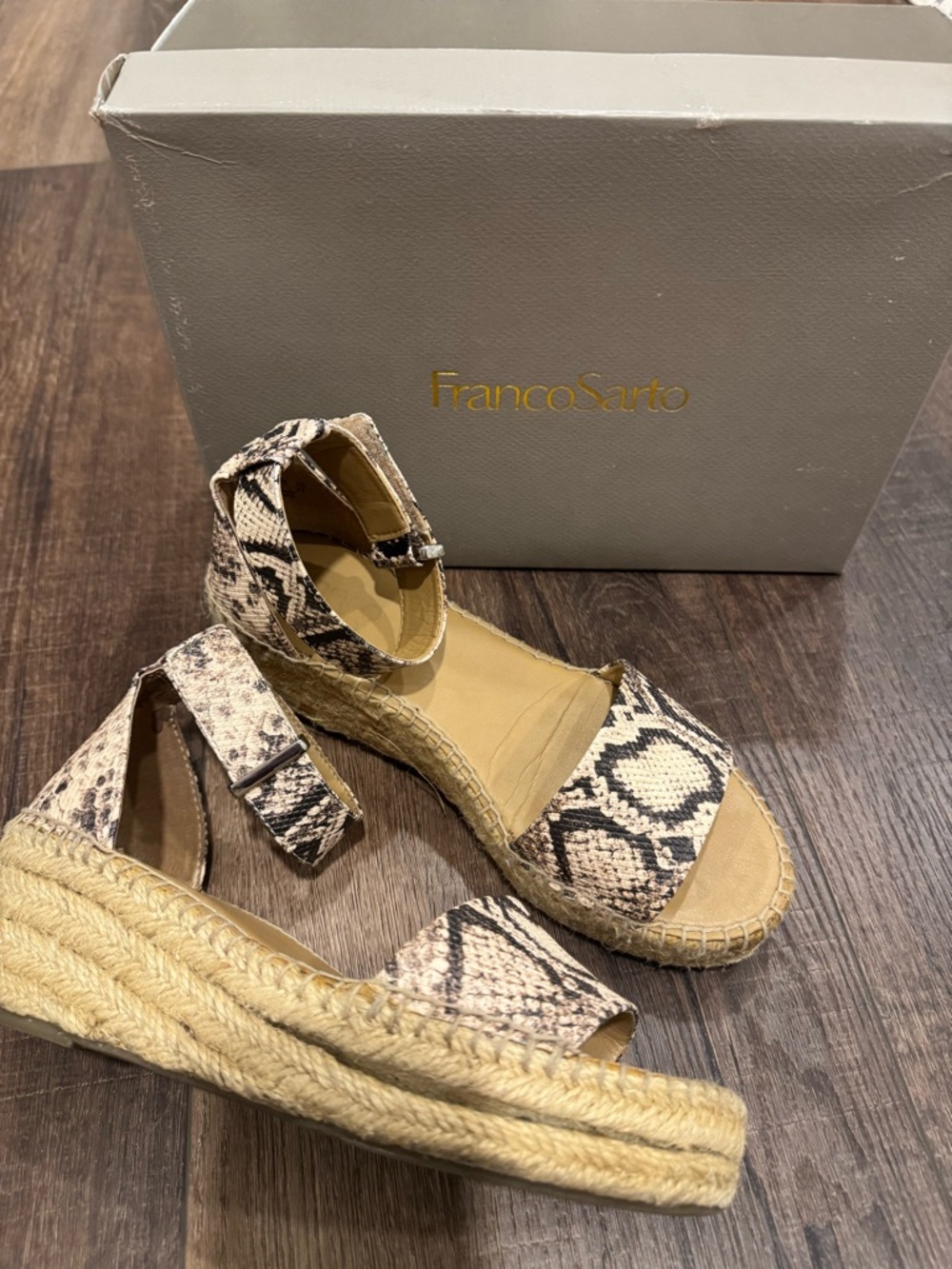 Franco Sarto Beige Snake-Print Espadrille Wedge Sandals